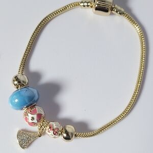 Chic Gold Plated Bracelet with Blue and Pink Charms